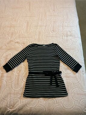 Simply Basic Black & White Striped Long Sleeve Tee with Belt
